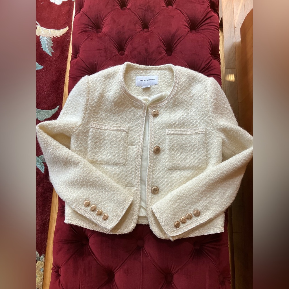 Urban Revivo Tweed Cream Blazer Boucle Jacket
